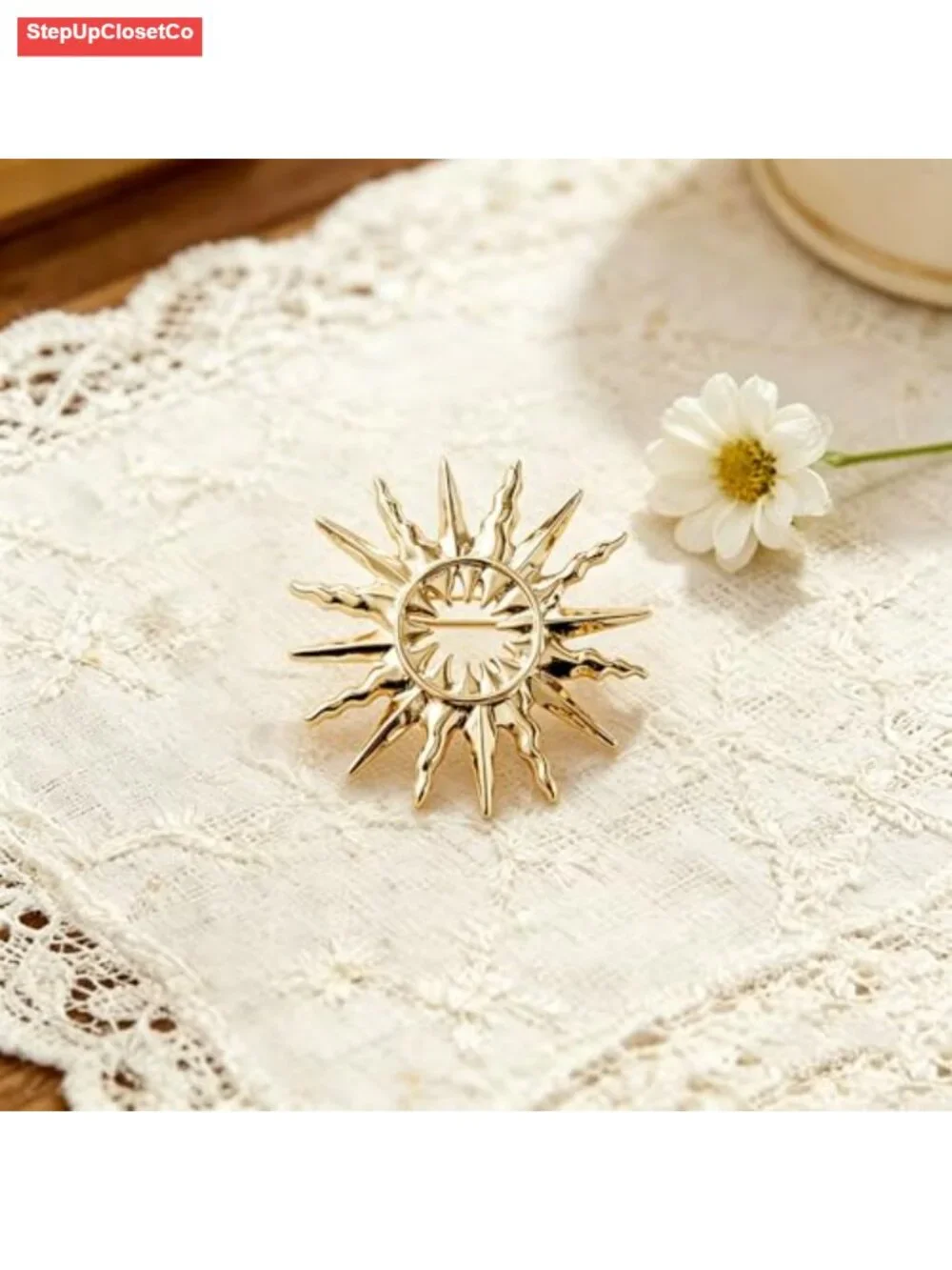 Vintage Gold Flower Sun Brooch Pin Women Celestial Statement Jewelry Halloween